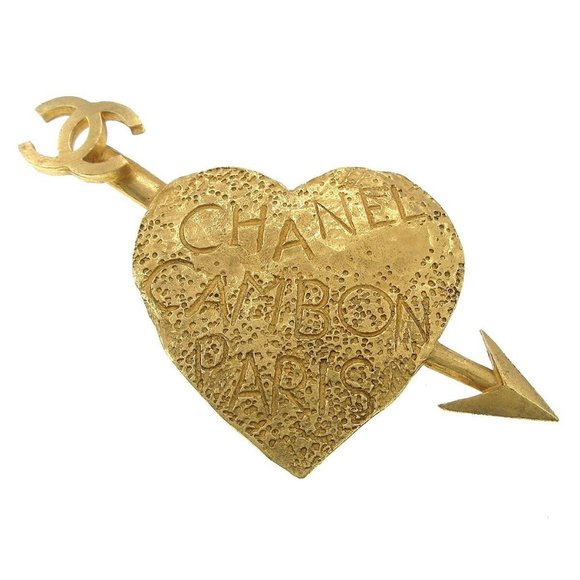 Chanel Bow And Arrow Heart Brooch Pin Gold 93A 59835 - Picture 1 of 5
